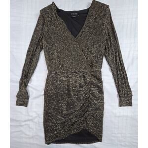 Marciano Faux Wrap Dress Asymmetrical Ruched Striped Gold Metallic S NWT